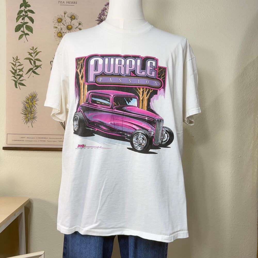 Vintage 90s Purple Passion Hot Rod Car T-Shirt Retro Andys Tee USA Lee Tag XL